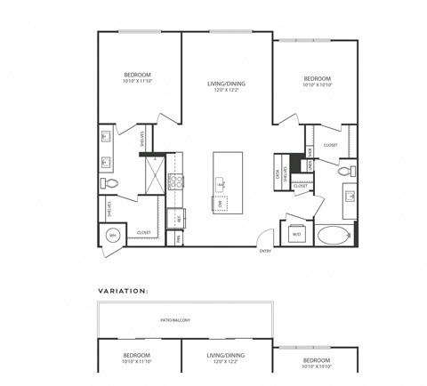 Floor plan for 2 beds, 2 baths, 1011 sqft